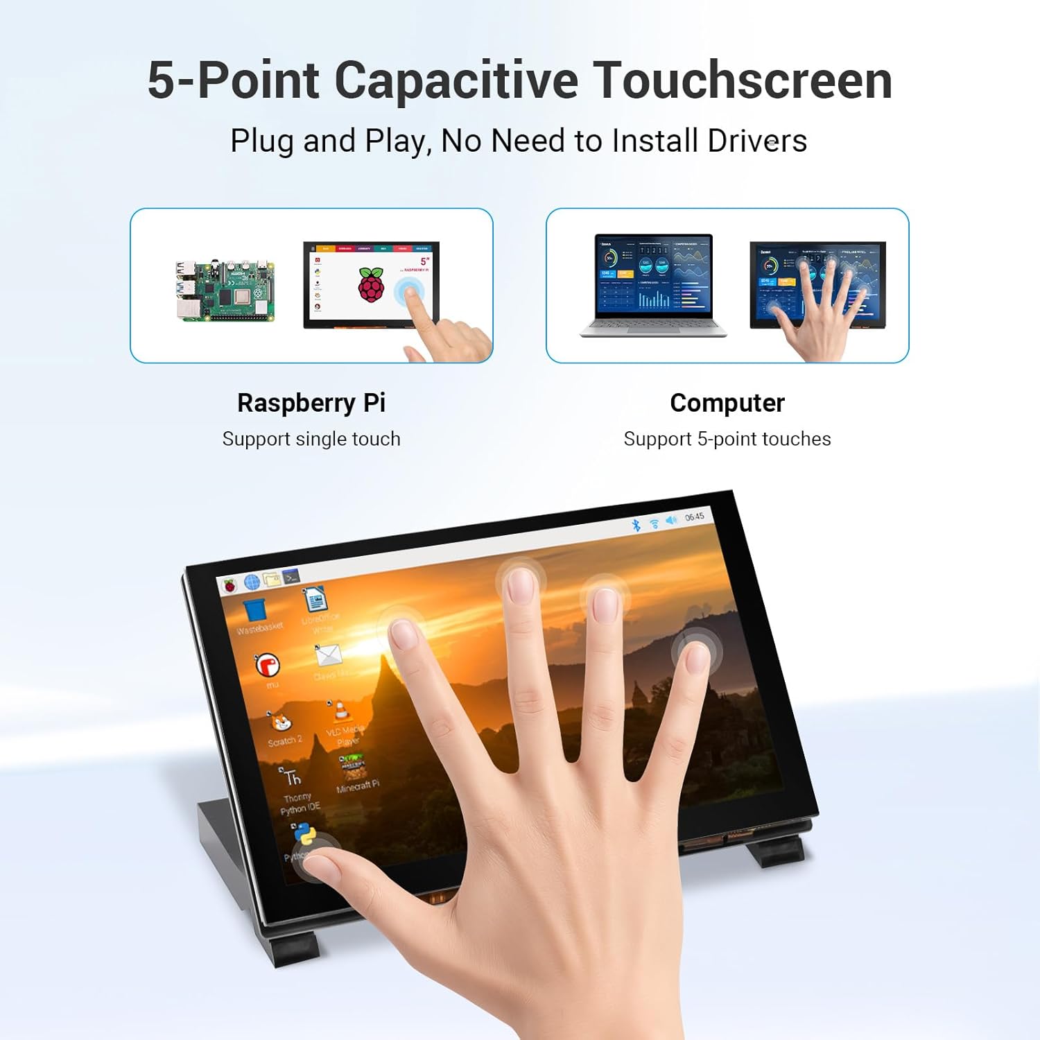 ELECROW 5 Inch Touchscreen Monitor for Raspberry Pi, 1024X600 IPS HD Capacitive Touch Screen Display with Acrylic Stand, Plug and Play, Compatible with Raspberry Pi 5/4/3, Banana Pi, Jetson Nano