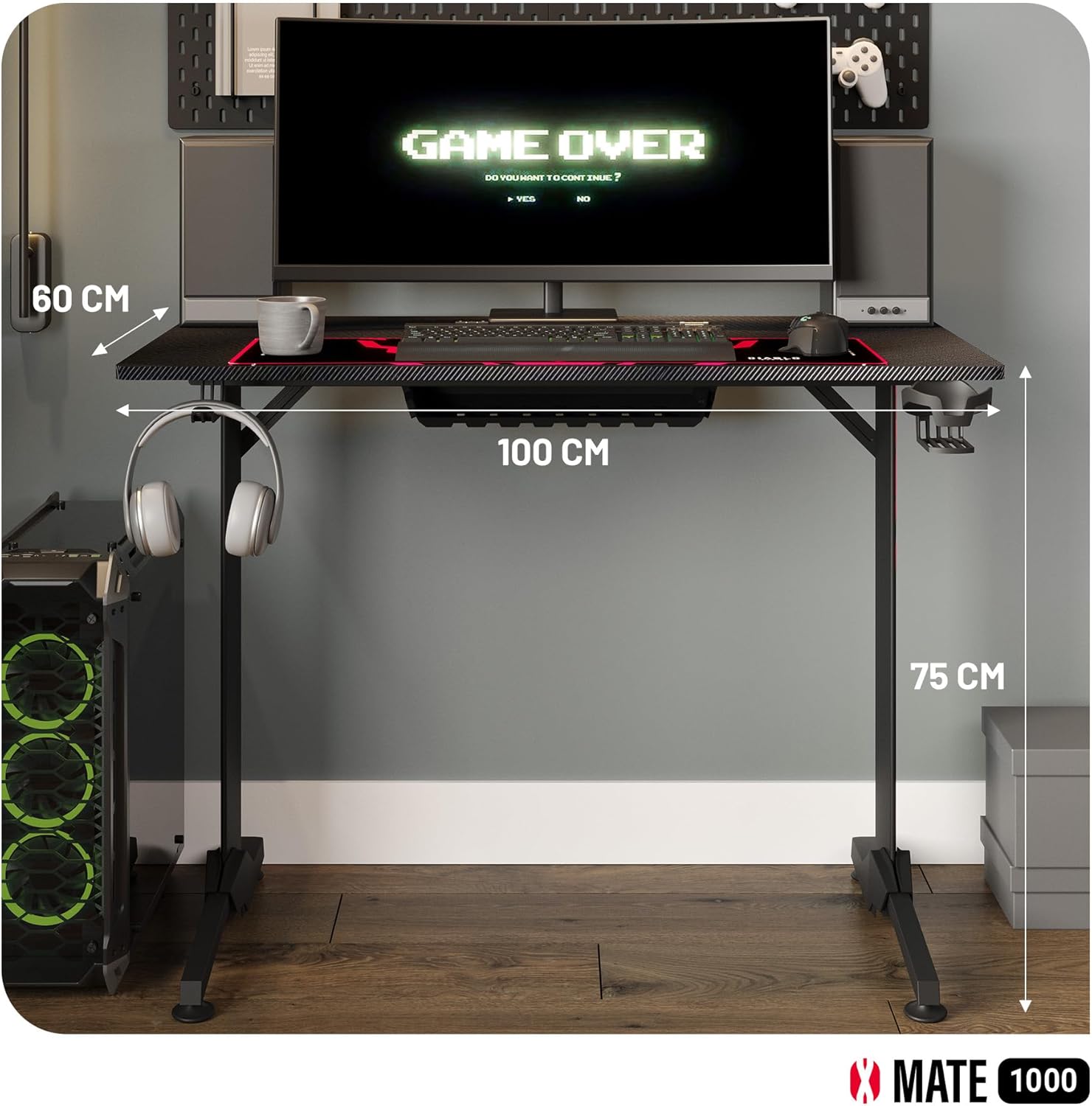 Diablo X-Mate 1000 Gaming Table with dimensions labeled: 100cm width, 60cm depth, 75cm height.