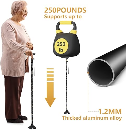 Miniatura 7 de JUNRA Bastón de caminar con luz LED bastón plegable ajustable para mujeres y hombres bastón plegable portátil con base cuádruple para equilibrio de