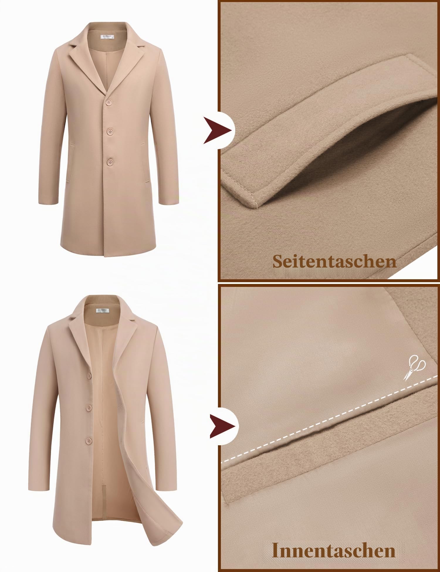COOFANDY Mantel Herren Wintermantel Warm Herrenmantel Reverskragen Trenchcoat Business Winterjacke mit Taschen