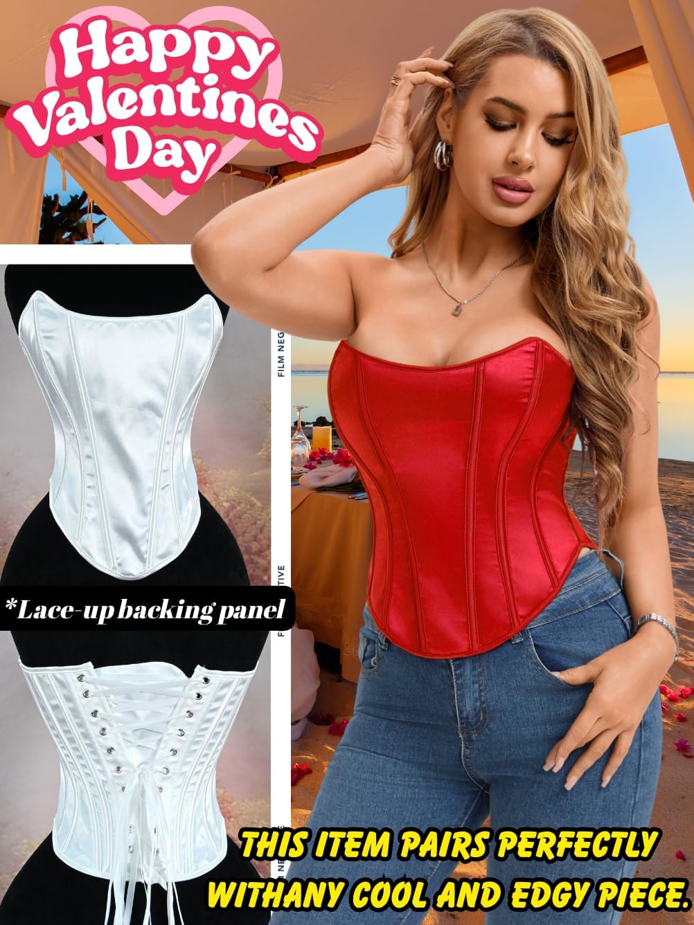 Kaei&Shi Sexy Overbust Strapless Corset Top,16 Boned Shapewear Satin Bustier,00-16 Lace Up For Women
