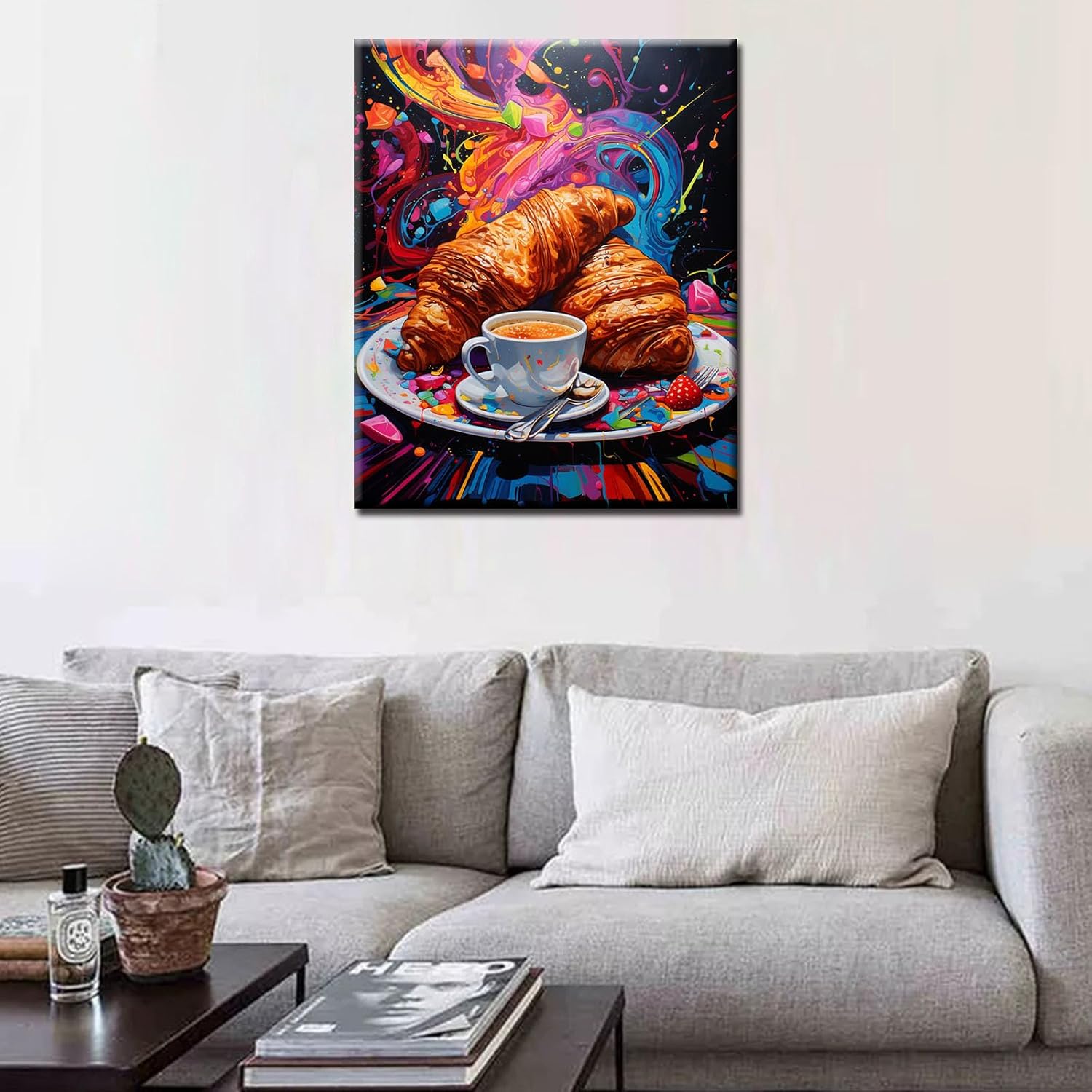 Cup of Coffee Oil Paint by Number Graffitic Y Acrylic Paintwork Kit for Kids Adults Beginner Breakfast Croissant DIY Canvas Paintwork Health Diet Arts Craft 16x20 Inch Kitchen Decor Gift(DIY Frame)