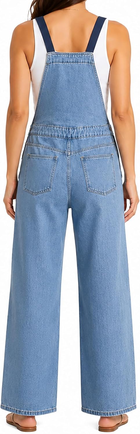 Womens Denim Overalls Wide Leg Loose Fit Baggy Bib Jumpsuit Casual Straight Leg Jeans Romper with Pockets