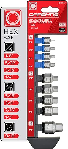 CARBYNE Juego de llaves hexagonales de perfil bajo supercorto (Allen)  9 piezas  SAE  18" a 916", unidad cuadrada interna y unidad hexagonal externa