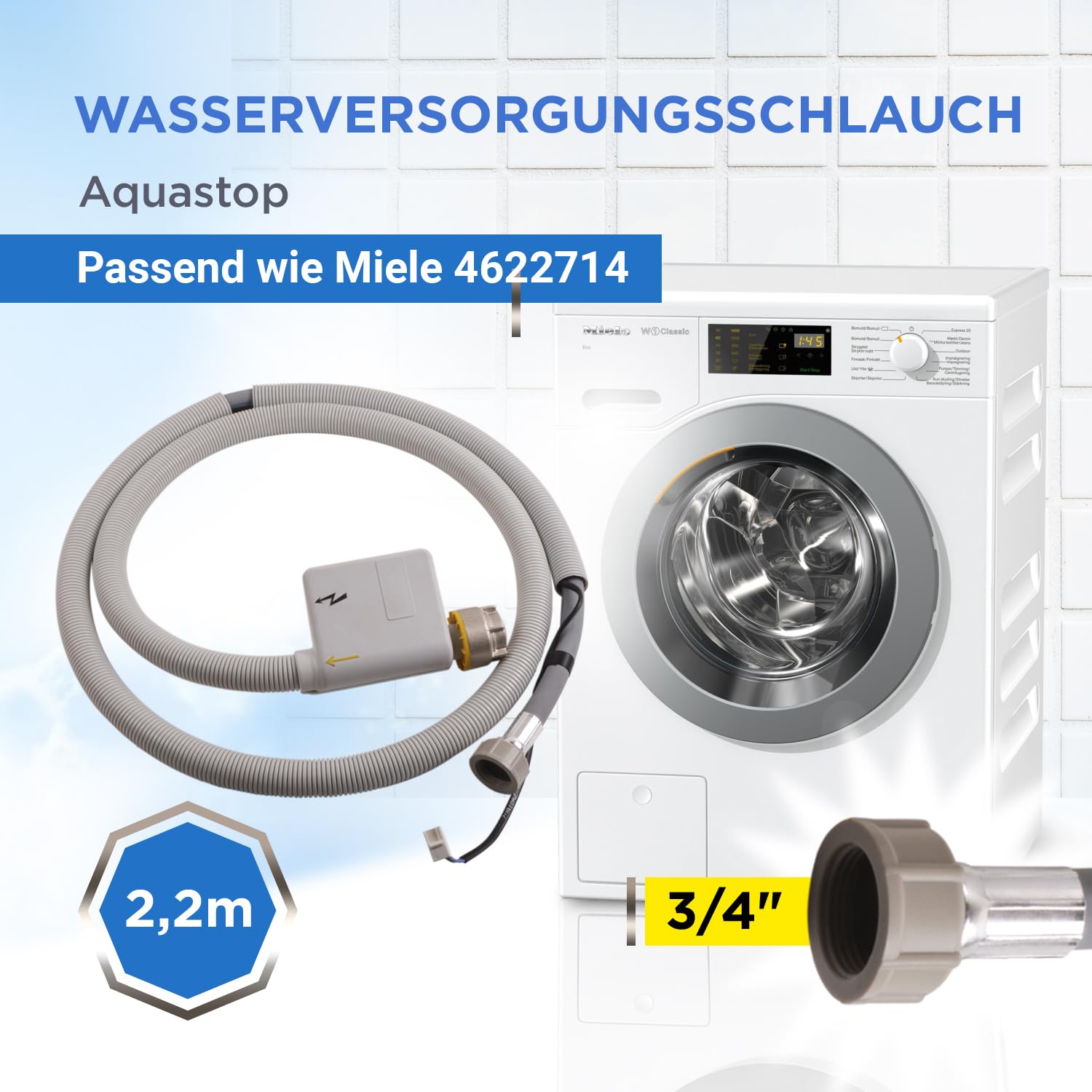 DL-pro Tubo di alimentazione 2,2 m adatto per Miele 4622714 Aquastop tubo dell'acqua per lavatrice asciugatrice