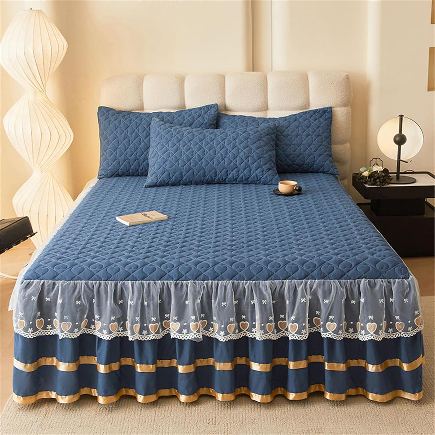 Drap-housse matelassé haut de gamme 180x200 cm avec jupe de lit plissée bleue