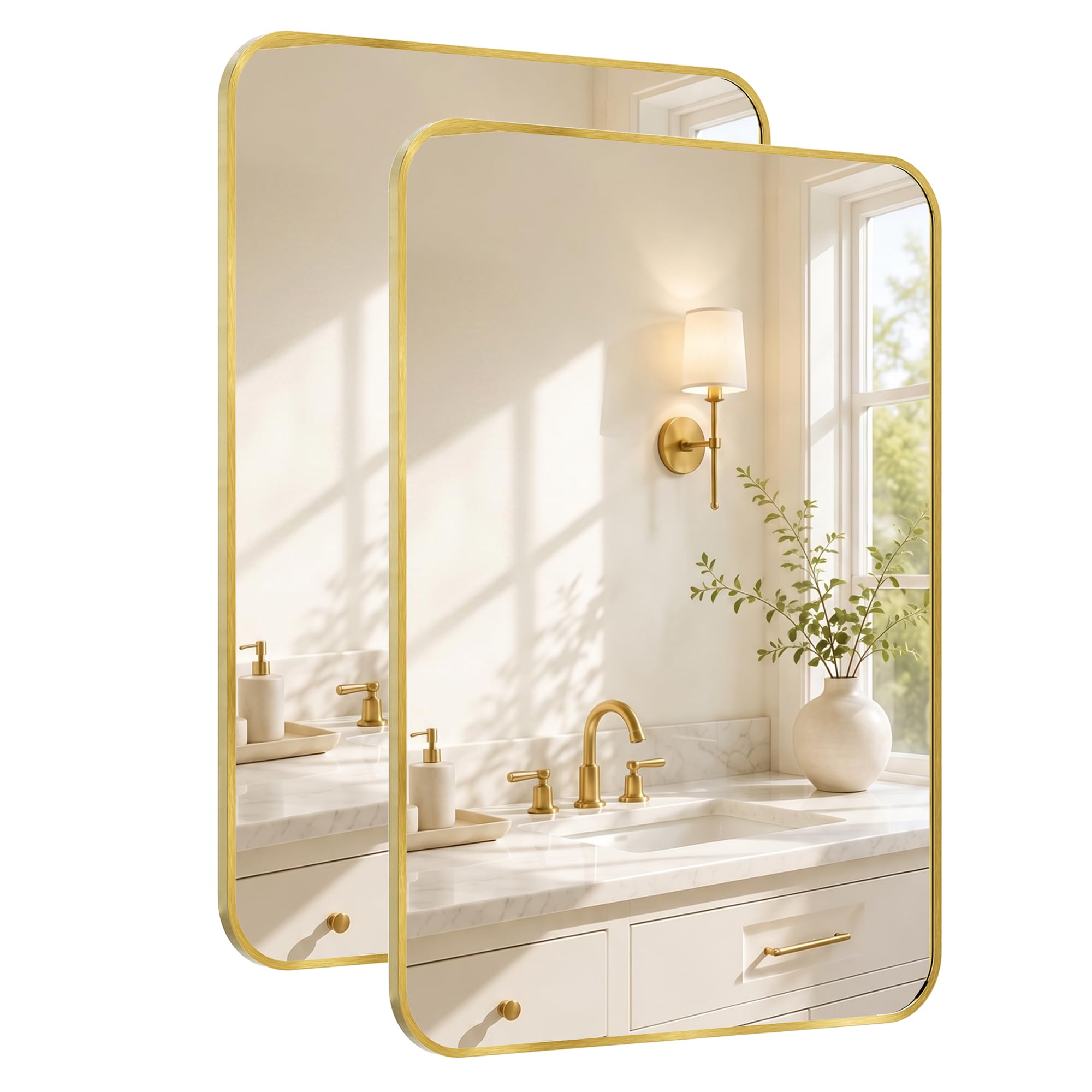 Pocetry 2-Pack 24x36 Inch Brushed Gold Rounded Rectangle Vanity Mirrors