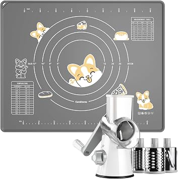 Silicone Baking Pastry Mat with Dough Cutter, Ourokhome 20 X 16" Extra Thick Kneading Rolling mat, Rotary Cheese Grater Shredder - 3 Drum Blades Manual Speed Round Food Slicer Nut Grinder