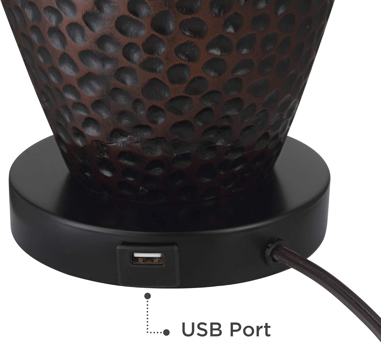 Set of 2 Hammered Bronze Table Lamps with USB Ports and Faux Leather Shades