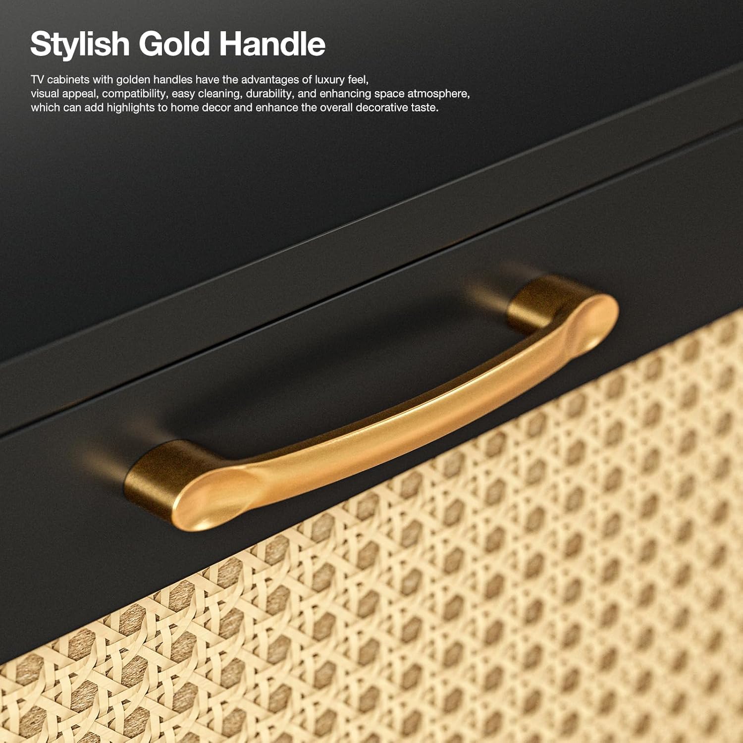 IKIFLY Floating TV Stand for 75 Inch TV, Mid Century Modern Center TV Stand w/Rattan Cabinet Door, Wall Mounted TV Cabinet, Entertainment Media Console Large Storage TV Shelfs for Living Room Black