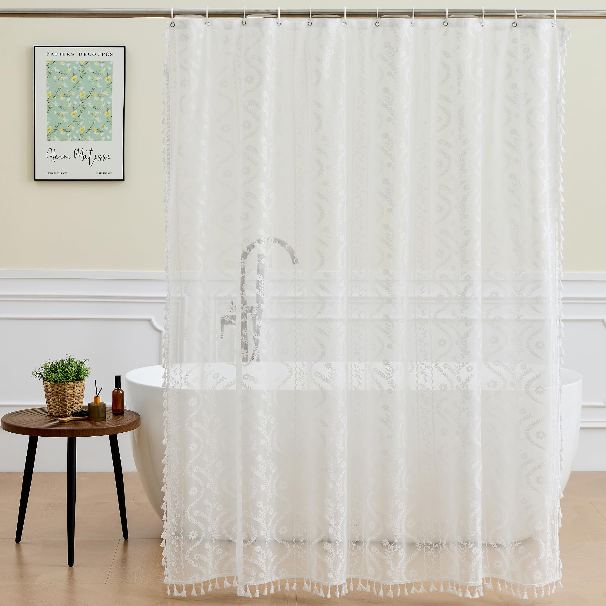 WAZZIO White Lace Shower Curtain - Vintage Pretty Flower Sheer Shower Curtains, Elegant Decorative Tassel Bath Curtains for Bathroom, 72 x 84 Inch, 1 Piece