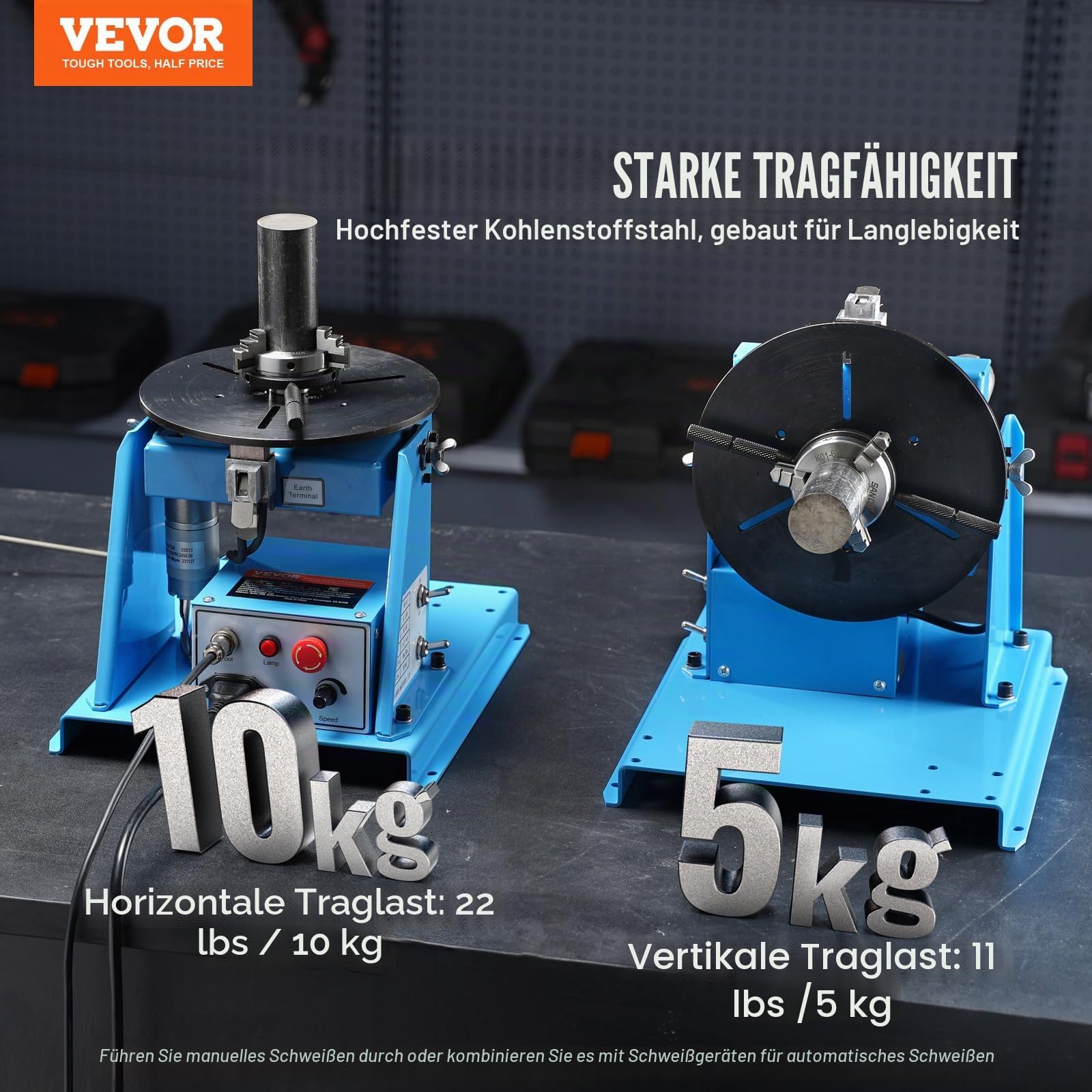 VEVOR Schweißdrehtisch 20 W Schweißpositionierer 1-12 U/min Manipulator 10 kg(Horizontal)/5 kg(vertikal) Drehtisch 0–90° Neigungswinkel K01-63 Dreibackenfutter zum Schneiden, Schleifen, Montieren