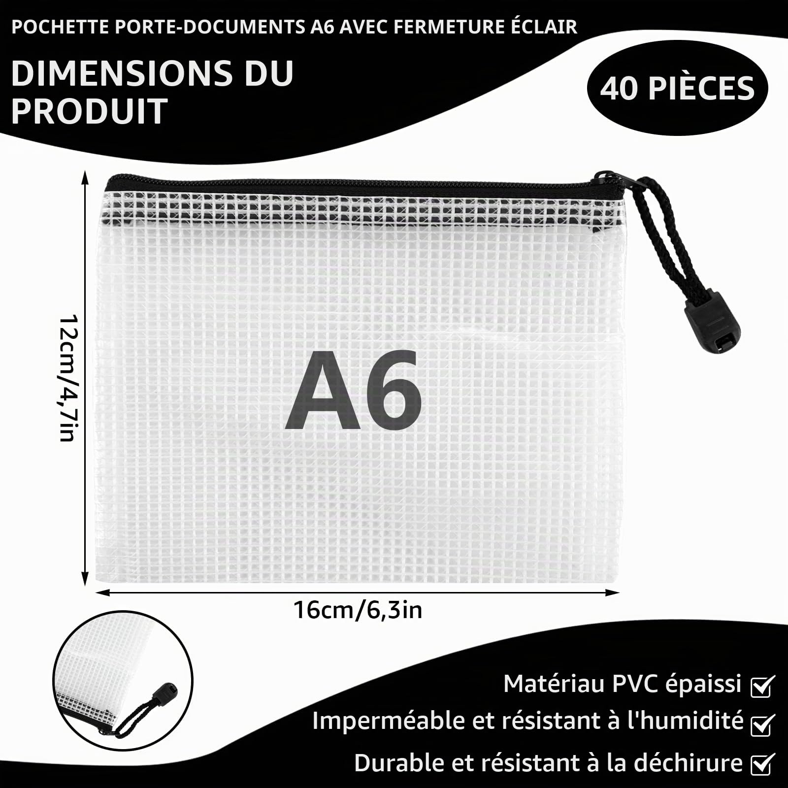 AKOLAFE Lot de 40 Pochette Document Zippée A6, Pochette Zip en Maille Noire Pochette Zippée 12x16CM Pochette Plastique Zippée Mesh Zipper Pouch pour Papier, Reçus, École, Cosmétiques, Voyage