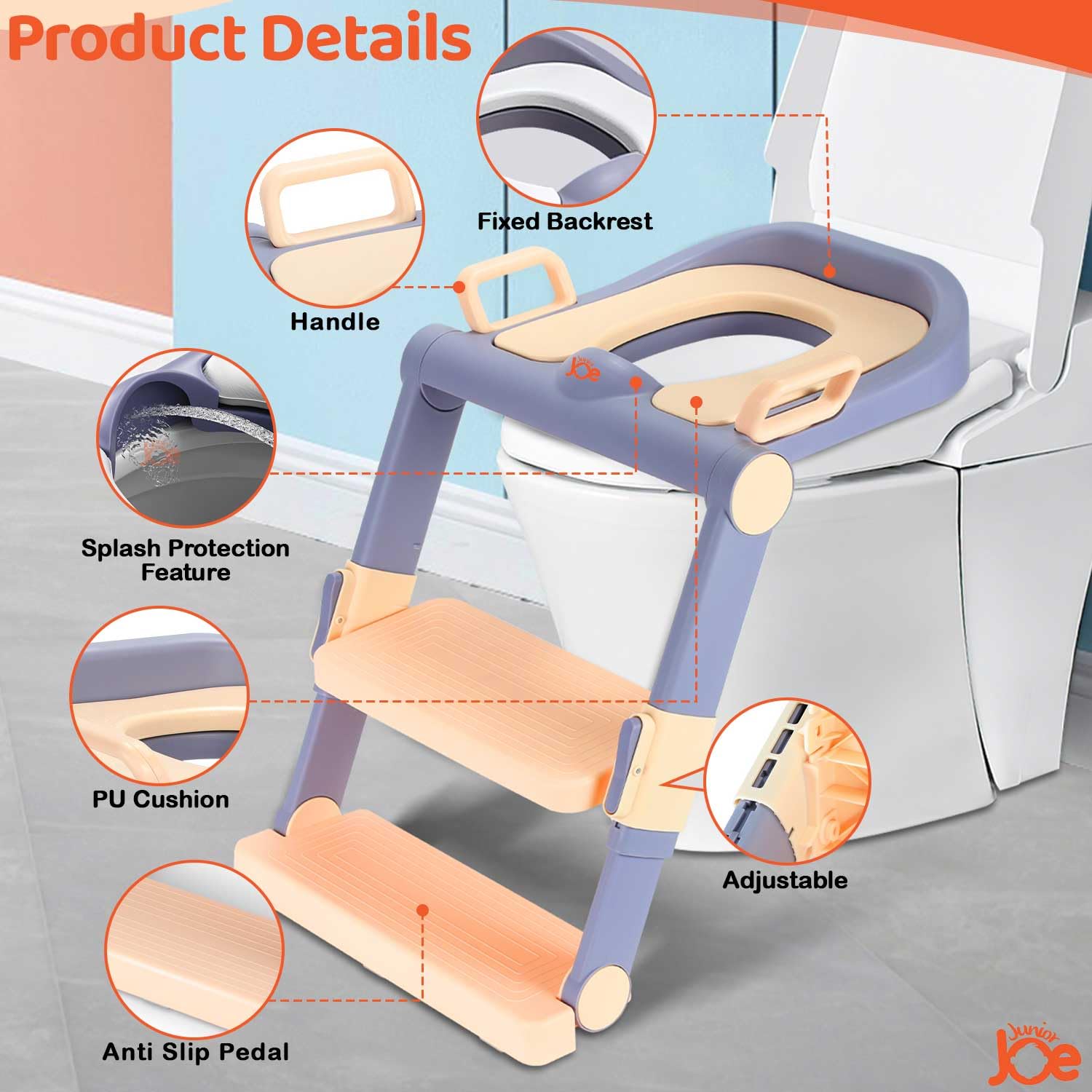 JUNIOR JOE Foldable Potty Training Seat with Stairs - Adjustable Install-Free Toilet Trainer with Non-Slip Splash Guard for Toddler Boys & Girls (PEACH) 1