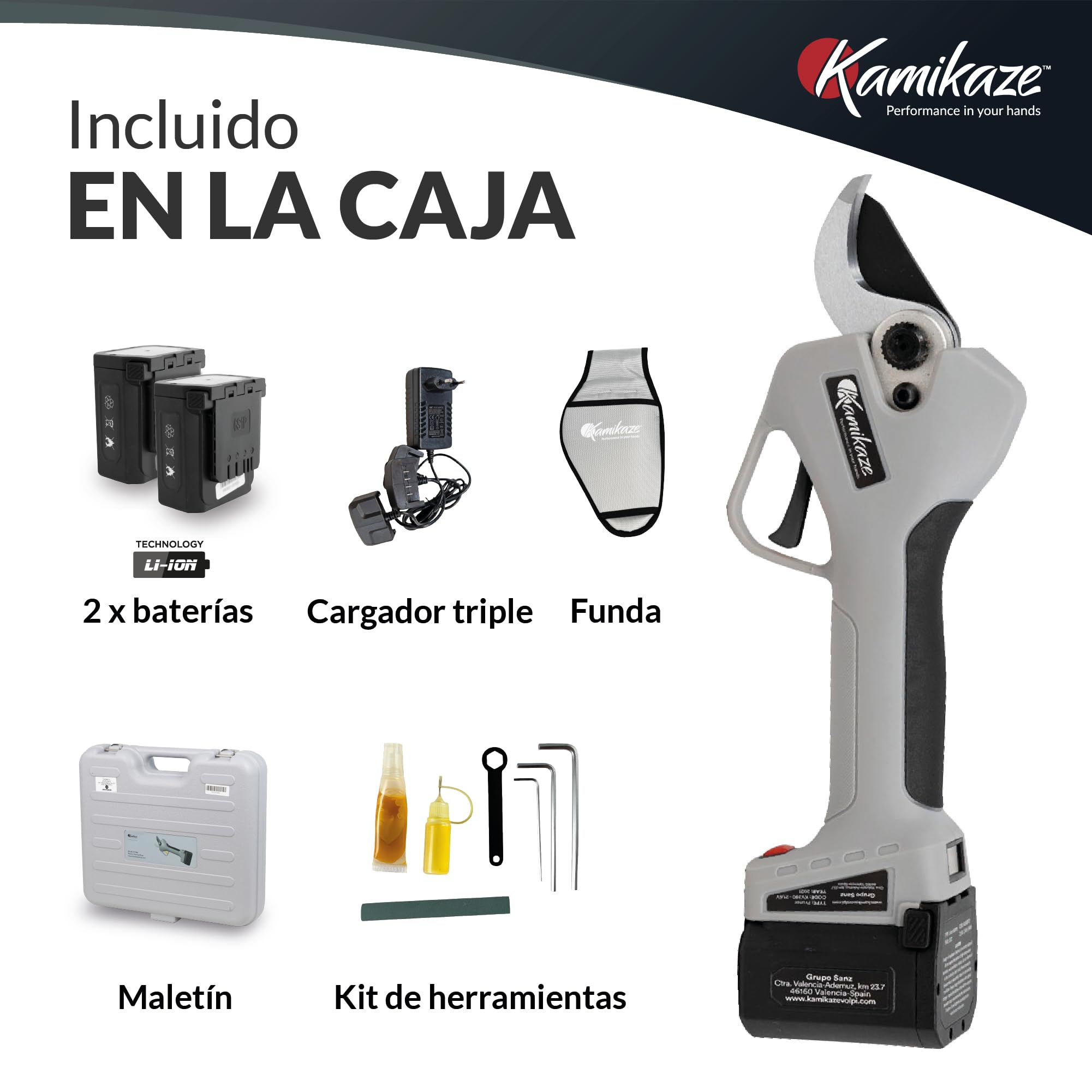 KAMIKAZE Tijera de Poda Eléctrica KV390 con 2 Baterías de Litio, Corte Regulable 5-40mm, 7h de Autonomía, Pantalla Inteligente, Hoja SK5, Tijeras Profesionales para Viña y Frutal