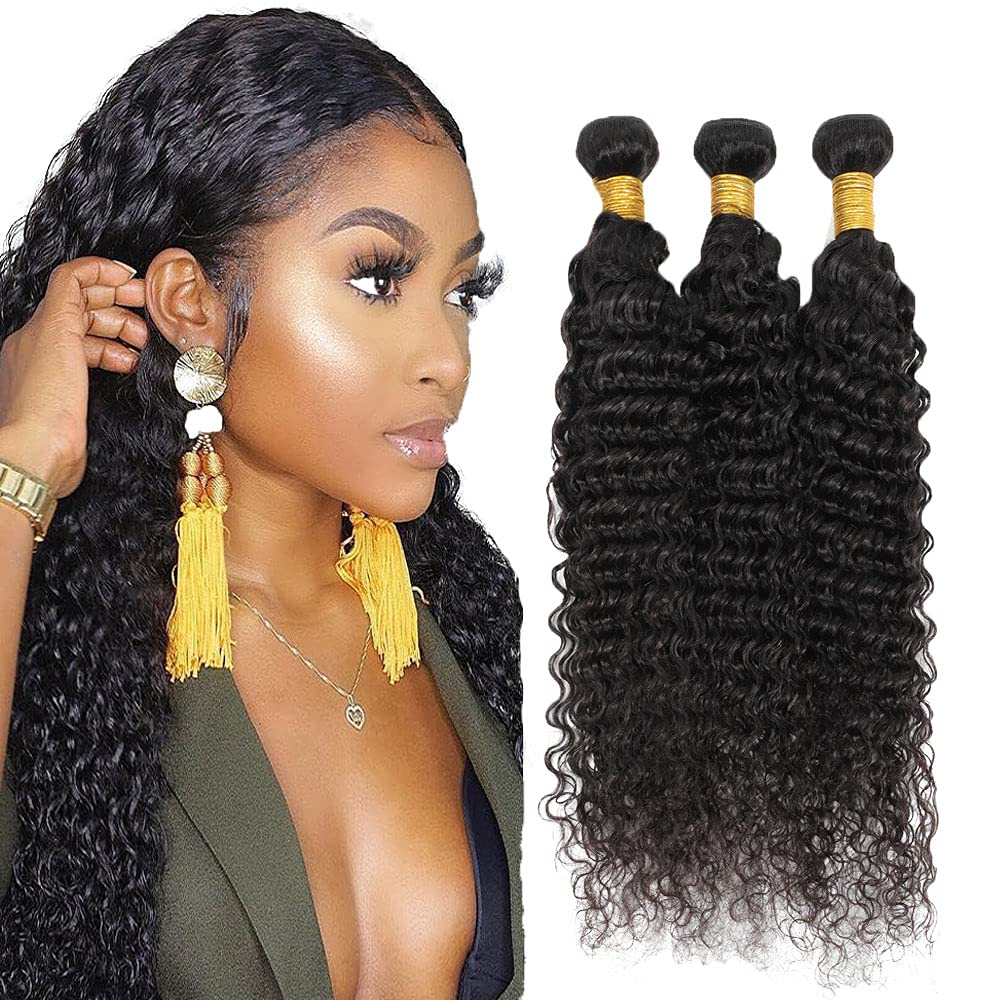 Deep Wave Bundles Human Hair 14 14 14 Inch #1B Natural Black Deep Curly Bundle Human Hair Extensions Unprocessed Virgin Remy Hair 3 Bundle 50 Gram Per Bundle