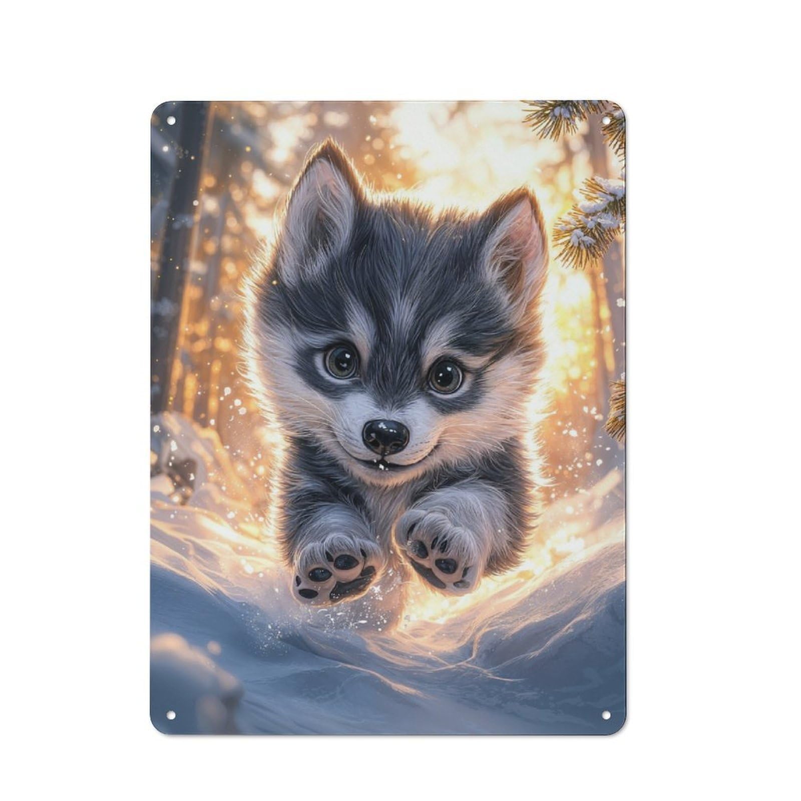 Junmoney Cute Wolf Pup In Snow Tin Wall Plaque 40X30cm With For Bar Or Restaurant, Housewarming Present For People Styling Bar And Restaurant