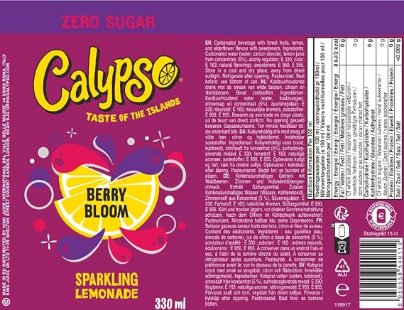 Calypso Sparkling Lemonade 330ml Cans – Zero Sugar, Refreshing Carbonated Lemon Drink, Light & Crisp Flavour (Pack of 12, Berry Bloom)
