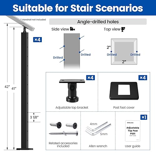 Miniatura 9 de Muzata Paquete de 4 postes de barandilla de cable de 42 x 2 pulgadas (cuerpo de poste de 39 pulgadas), línea de poste perforada de nivel superior,