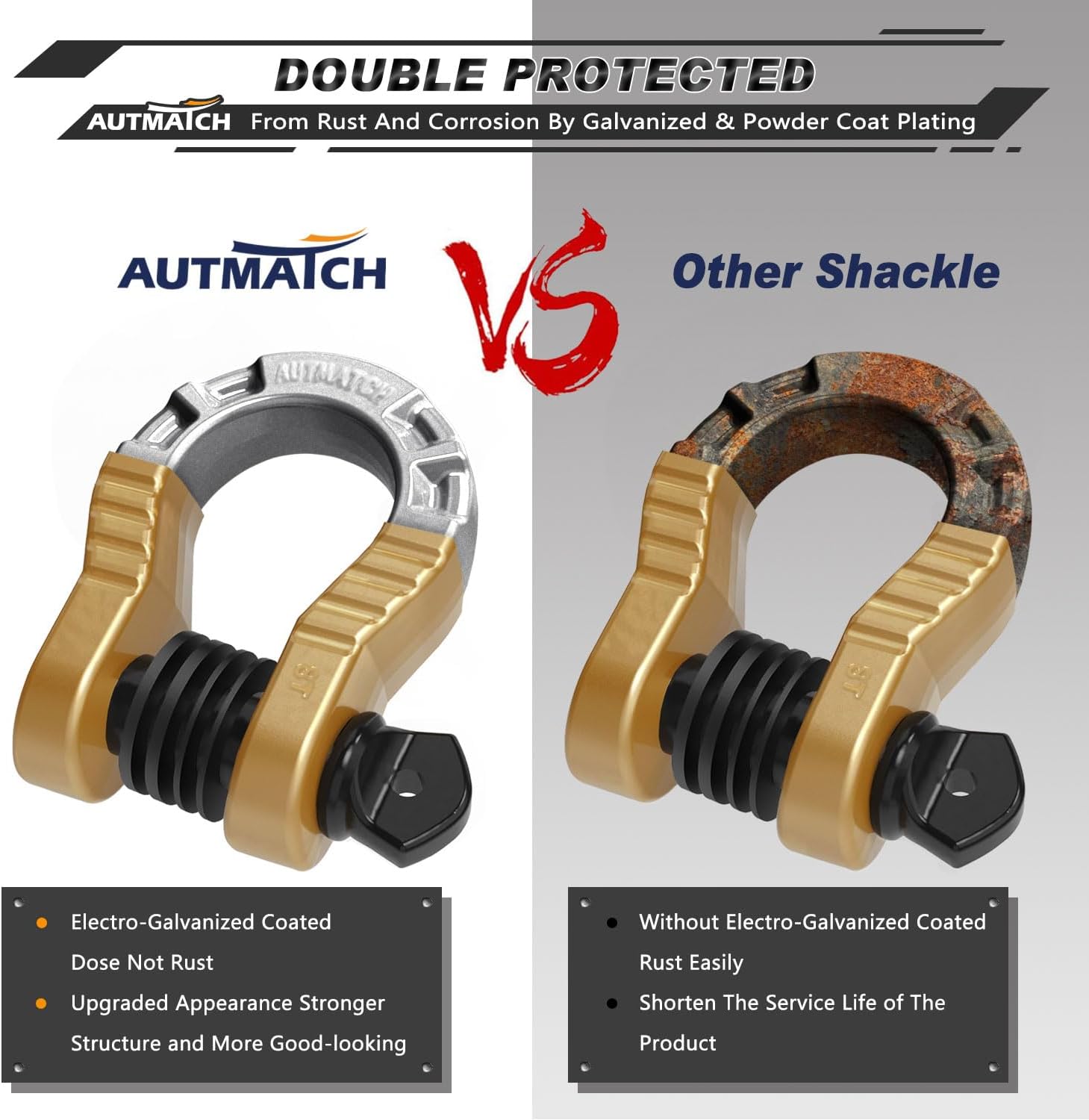AUTMATCH D Ring Shackles 3/4" Mega Shackle (2 Pack) 68,000Ibs Break Strength - Heavy Duty Clevis Shackles with 7/8" Screw Pin and Isolator Washer for Tow Strap Winch Off Road Vehicle Recovery, Gold