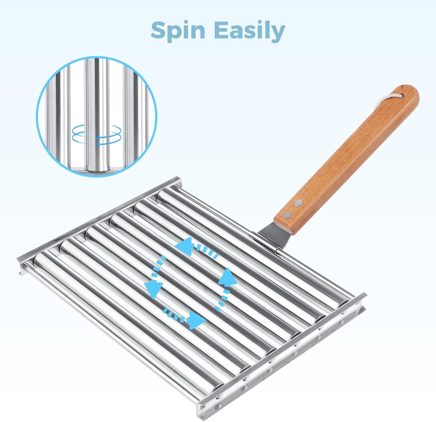 2PCS Hot Dog Roller for Grill, BBQ Hotdog Roller Grill, Stainless Steel Sausage Roller Rack with Wood Handle, Barbecue Roller Tools, Grilling Accessories for Outdoor, 9.4 x 7.1 Inch