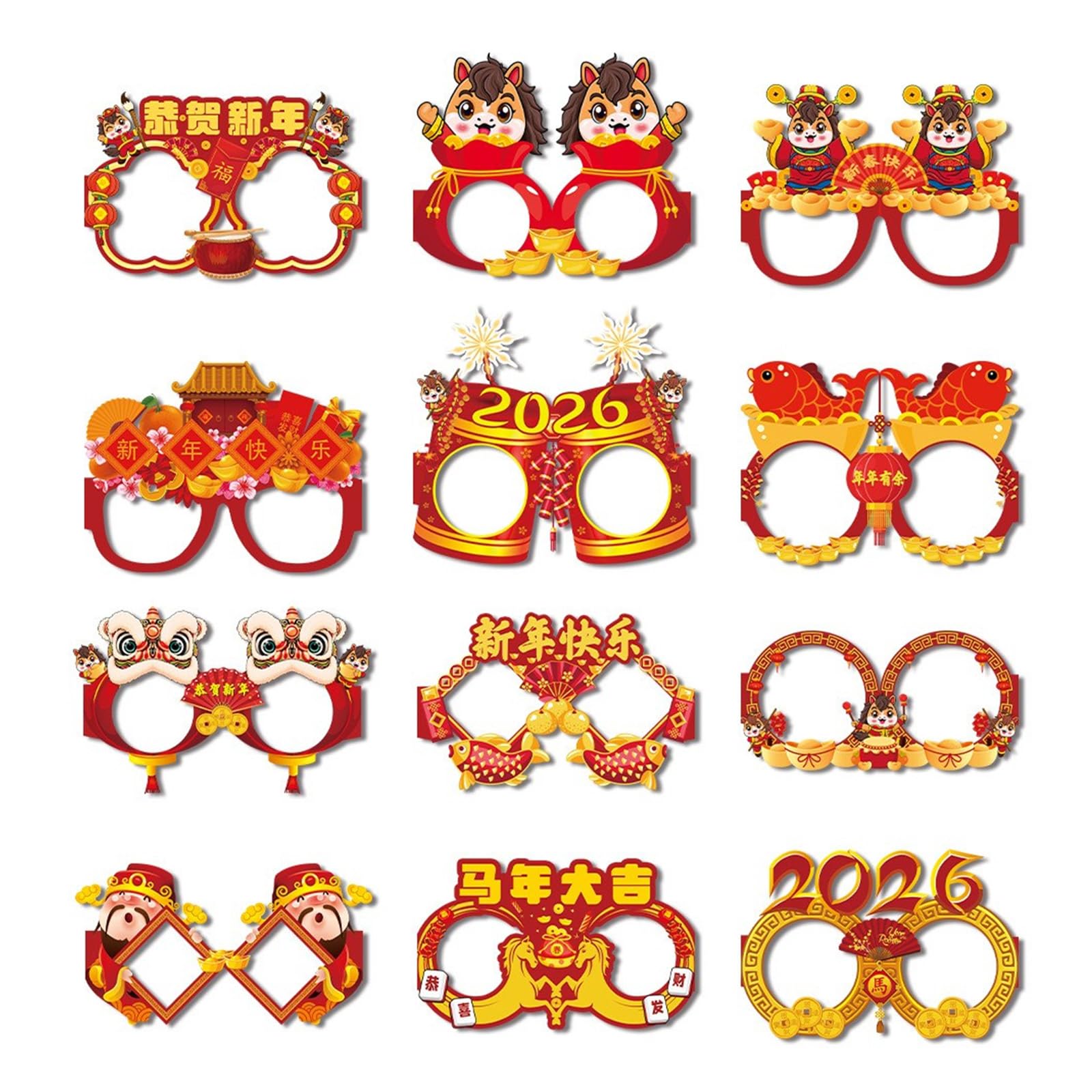 Jazuaiao 6 / 12Pieces New Year Celebration Glasses Sustainable Paper Design Multiple Styles Option Photo Booth Accessories Sustainable Party Glasses New Year