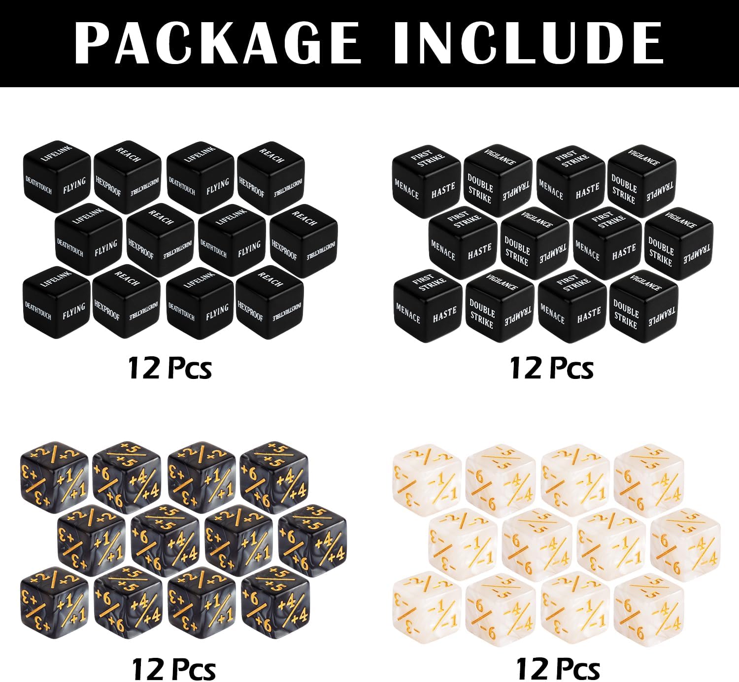 48 Pieces Abilities Keywords Counter Dice Black MTG Dice Counters Bulk Creature Stats Buff Tokens Dice Set for Magic The Gathering, MTG, TCG, Card Games Accessories