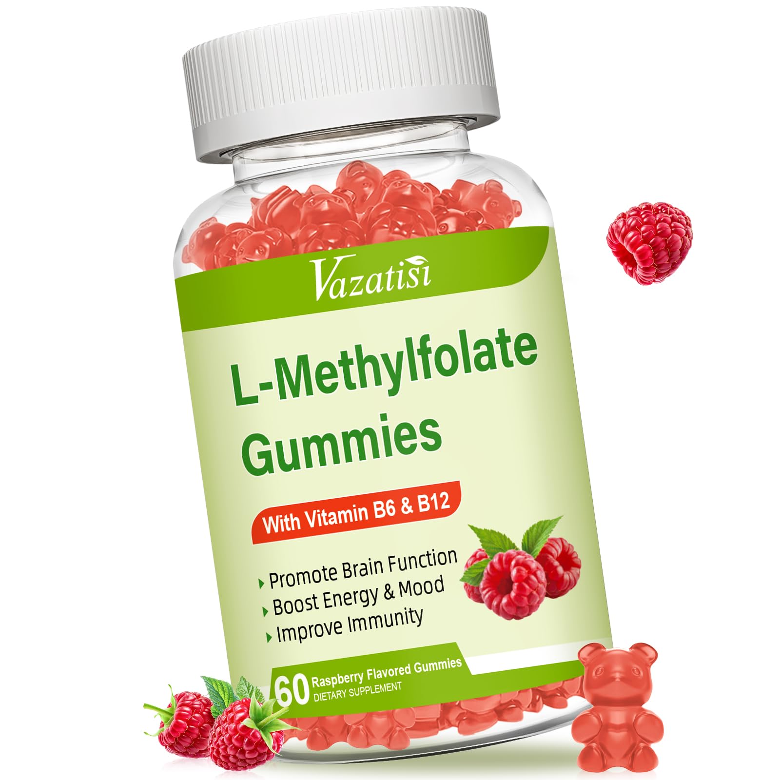 L-Methylfolate 15 mg Gummies with Methyl B12, Folate Supplement for Mood, Brain Health, Immune Support, Raspberry Flavor, 60 Count