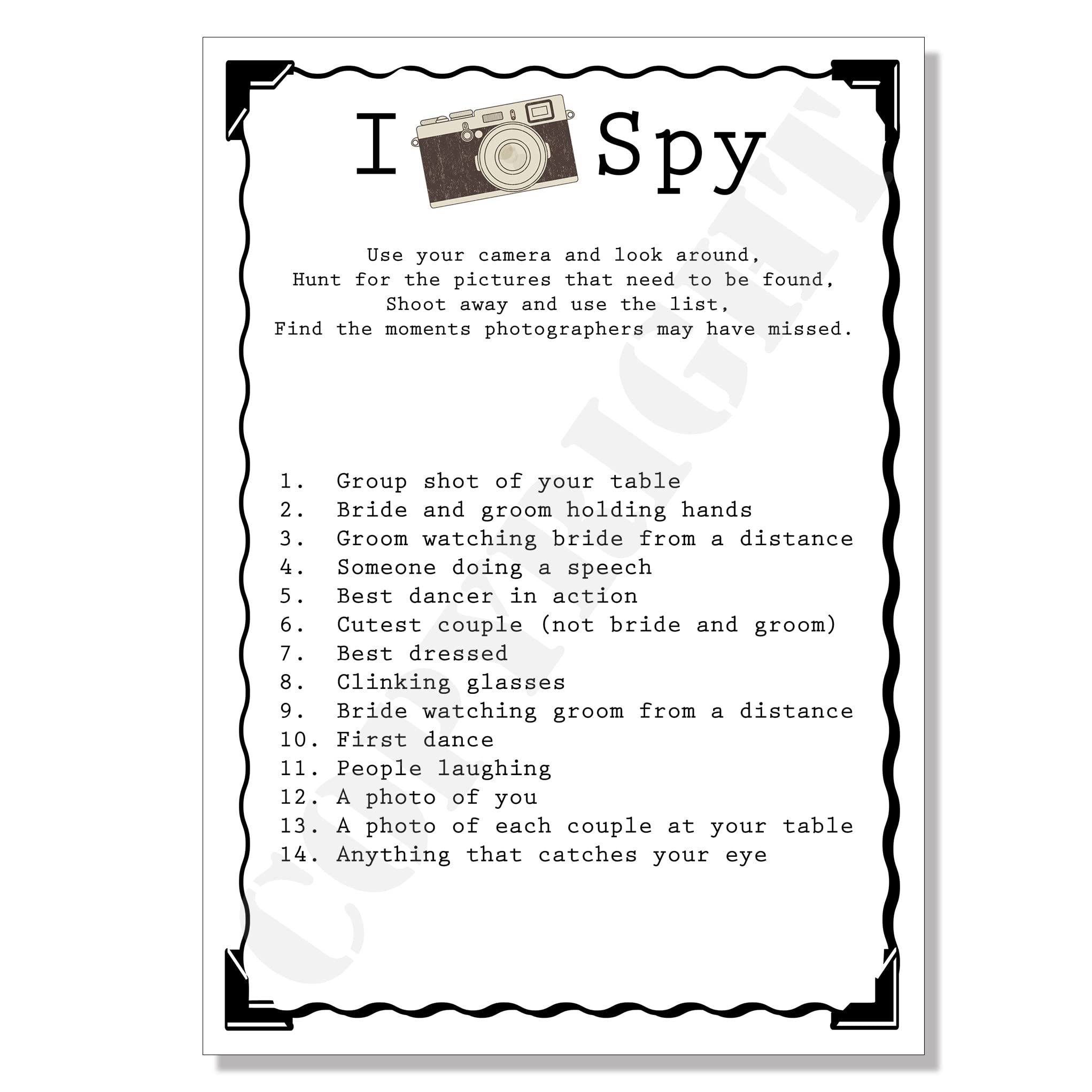 4 x Wedding I Spy Game Camera Kids Table Activity Favour Personalised
