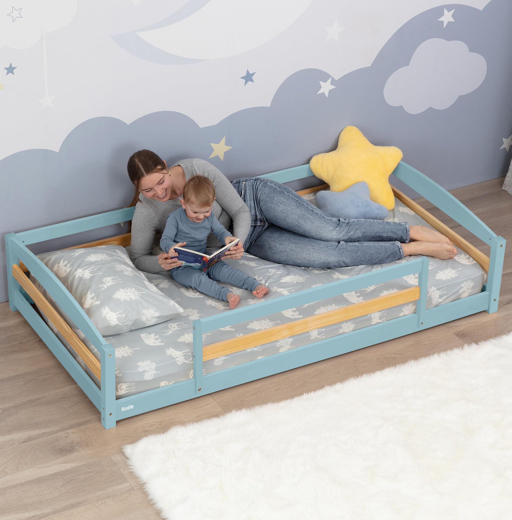 Ocodile Twin Floor Bed with Safety Guardrails for Kids, Montessori Inspired with Rails and 2 Openings, Twin Size Bed Frame for Girls and Boys - Blue