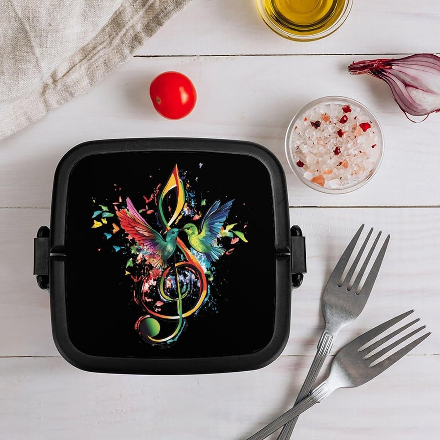 Musical Instrument Treble Clef Bird Music Bento Box with Spoon 2 Layer Food Container Cute Lunch Box for Travel Dining Work