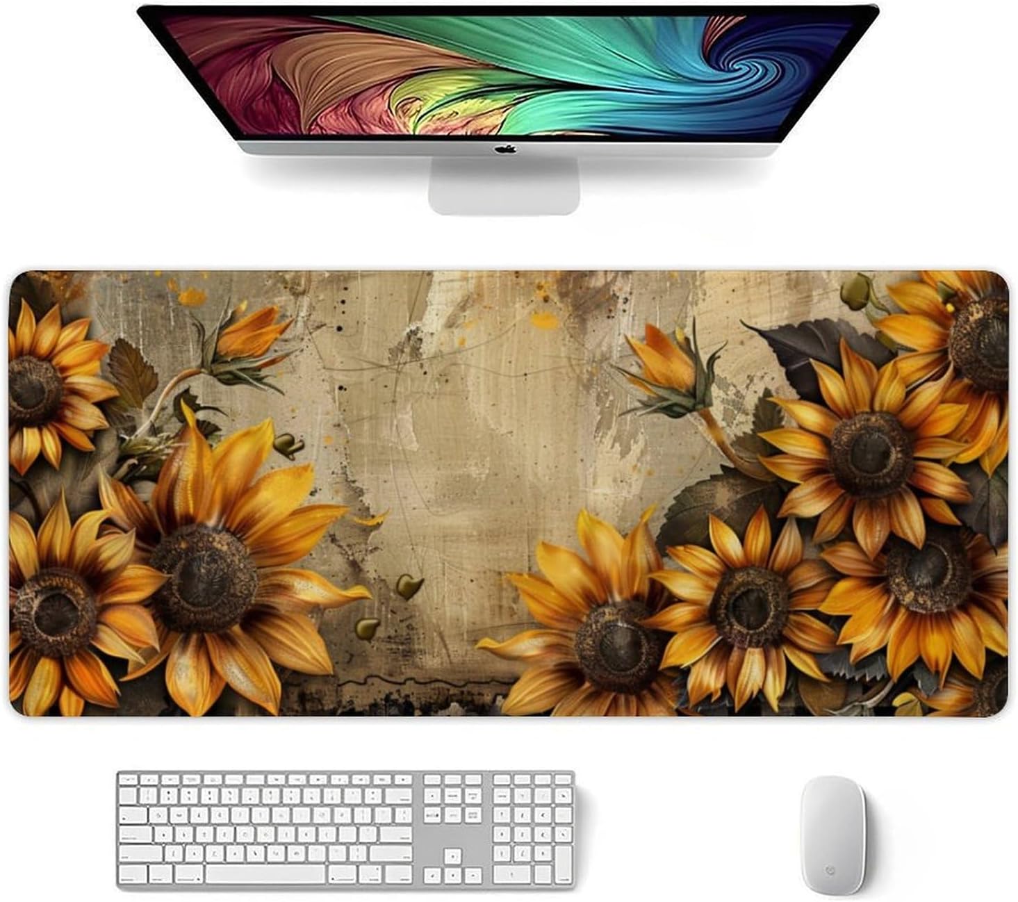 Gaming Mouse Pad Retro Sunflower Fall Large Mouse Pad Desk Mats on Top of Desks Mousepads Stitched Edge Rubber Base Desk Mat 36 X 16 Inch for Gaming Office Laptop Computer