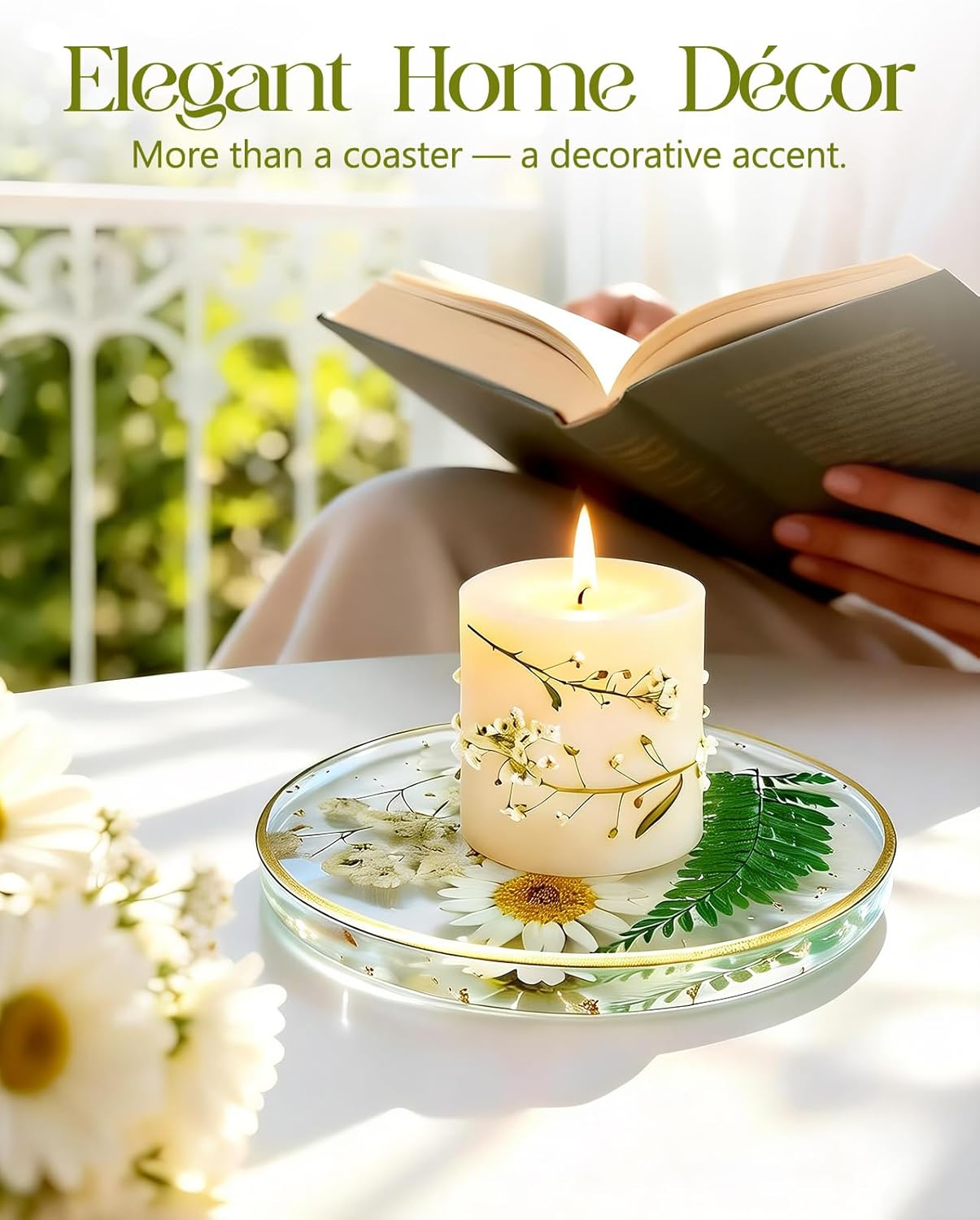 Oqplog Resin Drink Coaster for Desk Coffee Table-White Cute Dried Flowers Cup Coaster for Work Office Home Outdoor Decor Gifts for Girls Women,1 Pcs