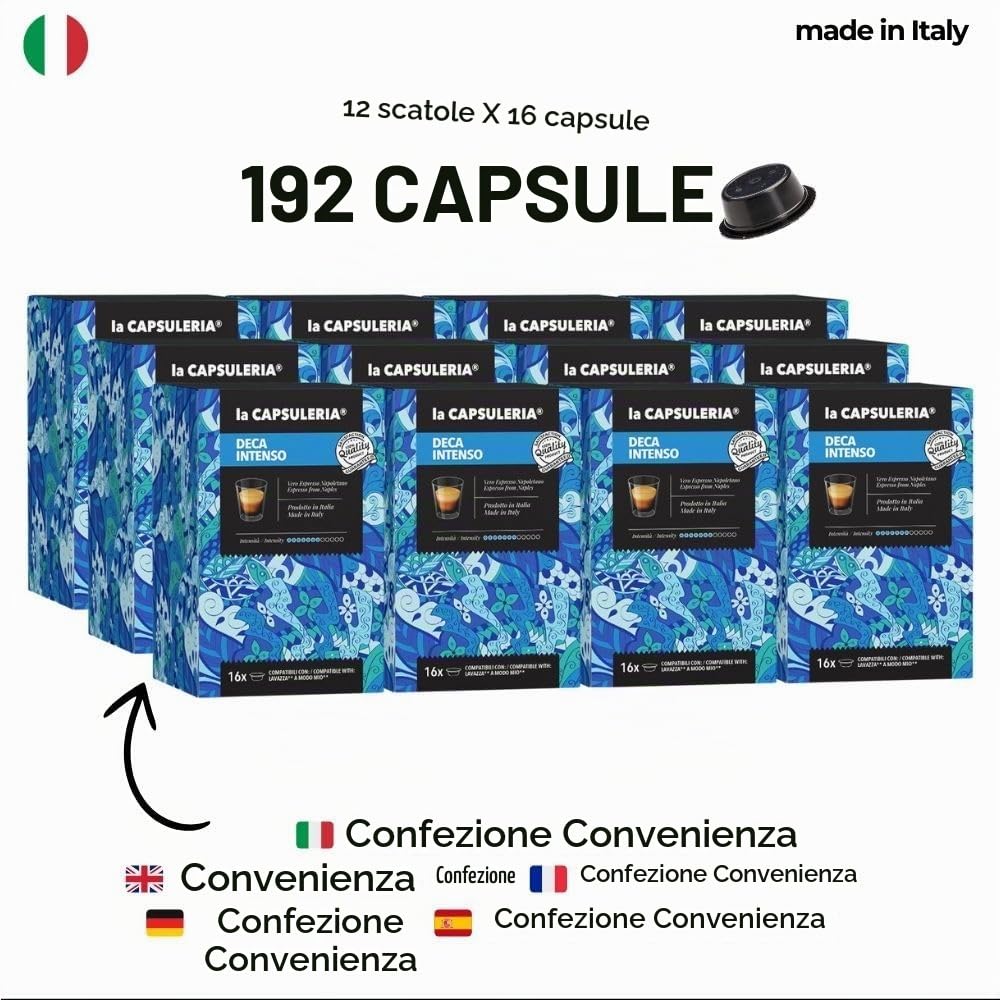 Caffè DECA, intenso (192 Capsule) compatibili con Lavazza A Modo Mio, 12 Box da 16 Capsule, gusto ricco e deciso, senza caffeina, espresso equilibrato da gustare in ogni momento (La Capsuleria)