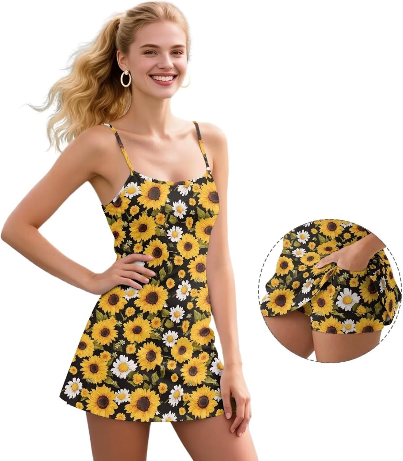Women's Summer Casual Tennis Dress Workout Spaghetti Strap Backless Mini Golf Dress with Shorts & Pocket