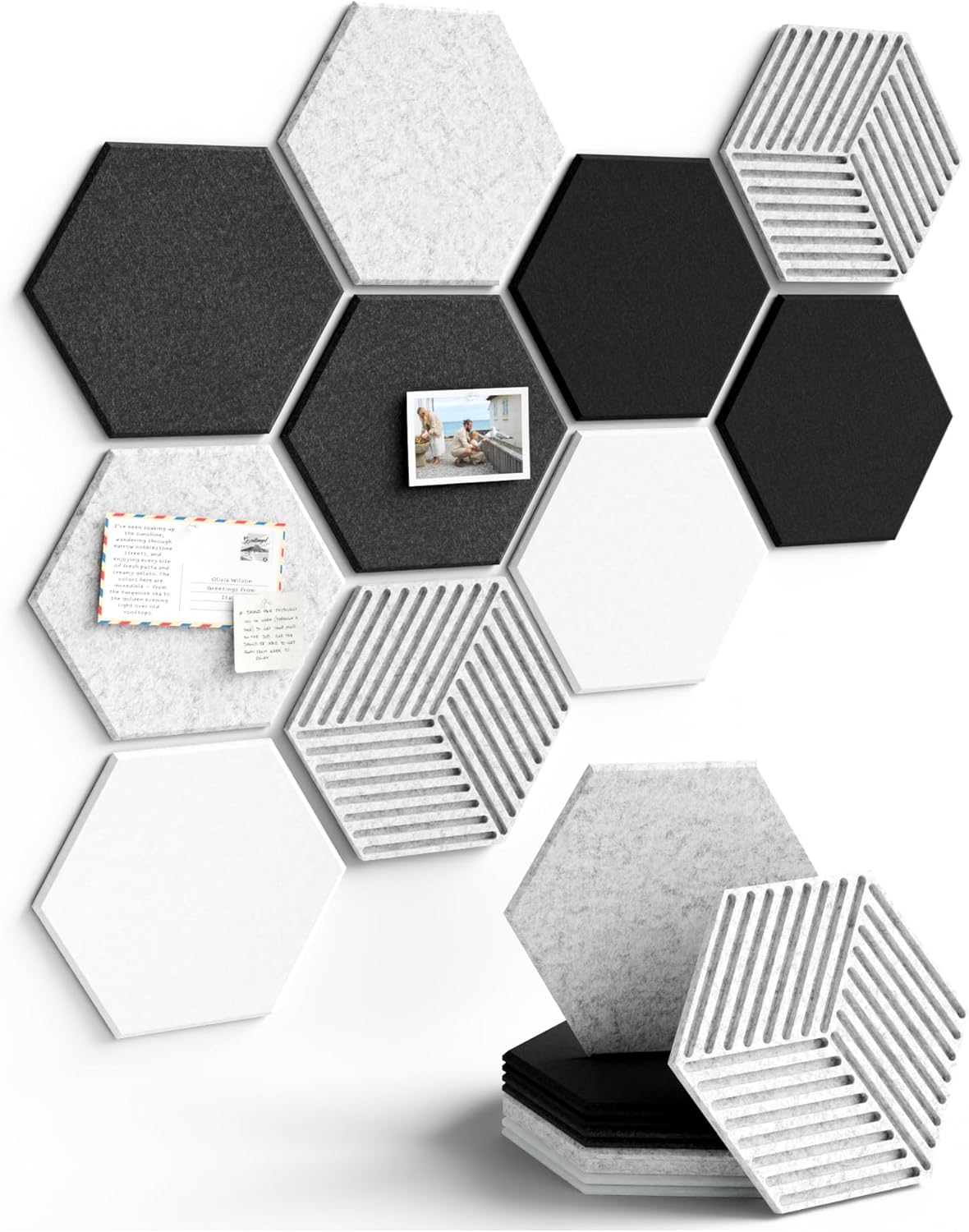 Fluxynara Hexagon Cork Board Alternative for Walls Decor-10-Pack Felt Bulletin Board Tiles,with 30 Pushpins,50 Adhesive Tabs for Office,Classrooms & Home Pin Board Felt Board-Concrete Echo