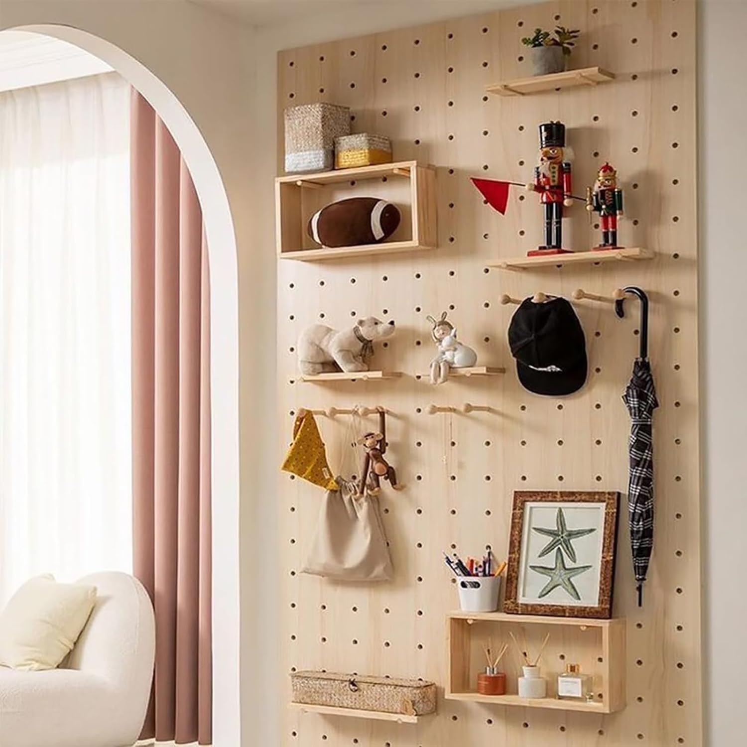 Wall-Mounted Arch Pegboard, Wooden Peg Board Display Shelf Storage Set, Modular Hanging Panel Kit for Wall Organizer, Crafts, Ornaments, Shop, Living Room, Office, Bedroom(15.8x23.6in, Green)