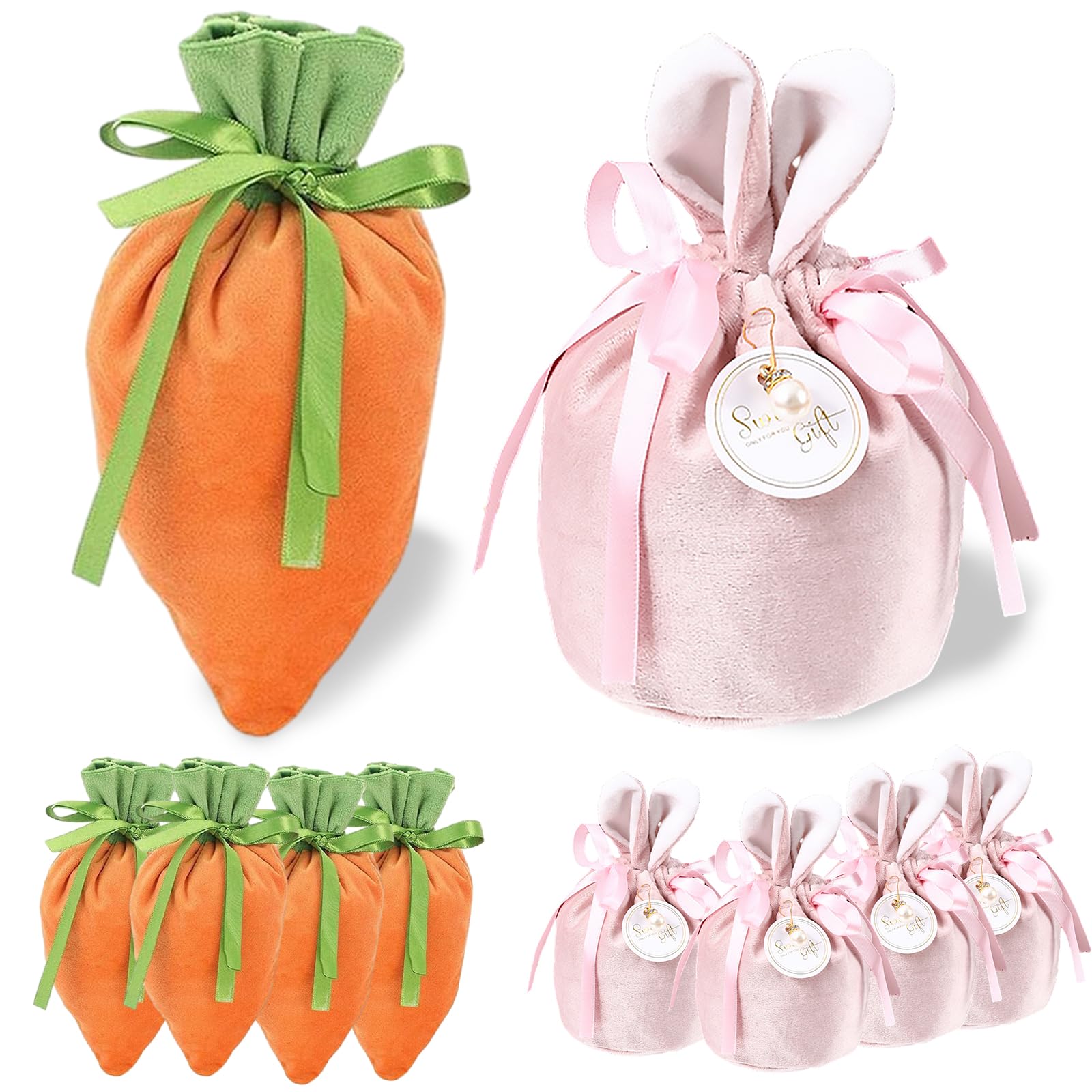 10 Pezzi Sacchetti Pasquali Set per Favori,Trattamenti,Coniglio Carota Sacchetti di Caramelle per Feste di Pasqua, Matrimoni, Baby Shower,Velluto Borsa Regalo con Coulisse per Decorazioni Pasquali