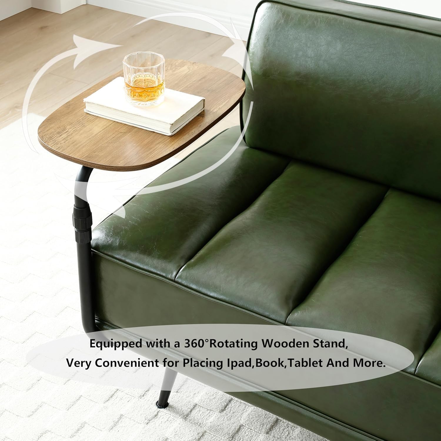 55" Inch Width Modern End of Bed Bench, Leather Upholstered Futon Sofa Couch with Back & 360° Swivel Side Table for Small Spaces Living Room, Entryway Ottoman Bench for RV Office (Green)