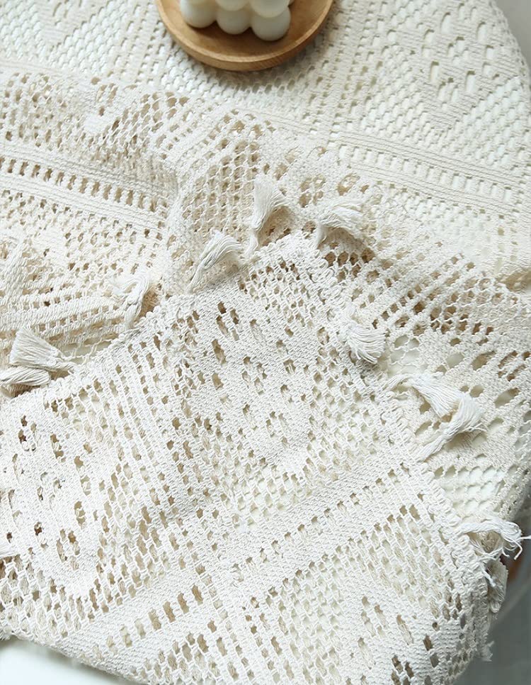 HeichkelL Vintage Spitzentischdecke Quaste Tischdecke Quadratisch Häkelspitze Deckchen Lace Tischtuch Hochzeit Küche Party Dekor Beige 140 x 250 cm