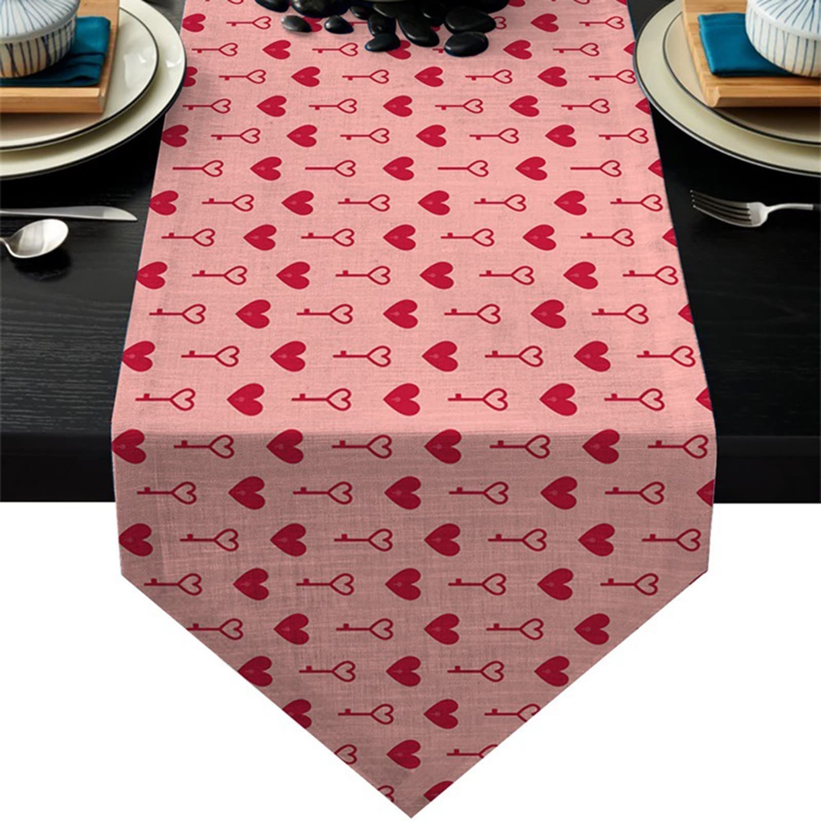 Chemin de Table Mariage Rose Rouge en Coton Lin Décoration Table