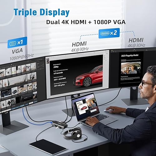 Miniatura 3 de Estación de acoplamiento USB C, concentrador USB C multipuerto 11 en 1, pantalla triple, con doble HDMI, VGA, PD, Ethernet, 3 USB, micrófonoaudio,