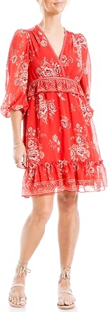 Max Studio Womens Spring 2023 Everyday Fashion Printed Georgette Long Sleeve V-Neck Chic Short Dress