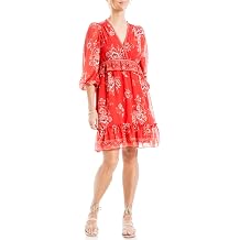 Max Studio Womens Spring 2023 Everyday Fashion Printed Georgette Long Sleeve V-Neck Chic Short Dress