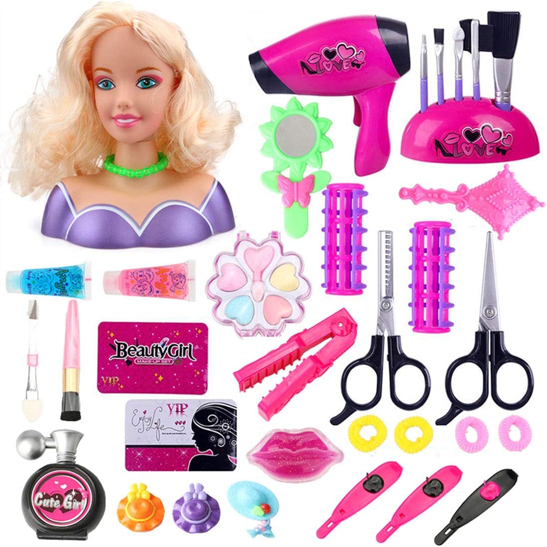 OVERWELL 34Ppcs Hair Styling Head Toy, Princess Dolls Makeup Head Hair Styling Model Make Up and Hair Accesories Doll for 3+, Girls
