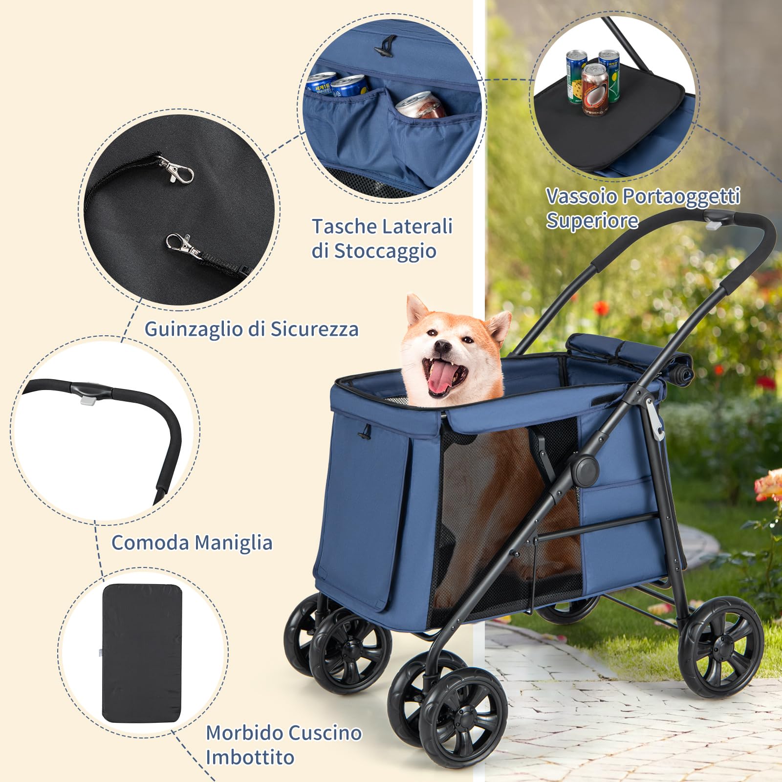 COSTWAY Passeggino per Cani Pieghevole, Carrello a 4 Ruote per Animali Domestici Piccoli e Medi, Trasportino Portatile con Ruote, Lucernario e Tasche, Chiusura Rapida (Blu)