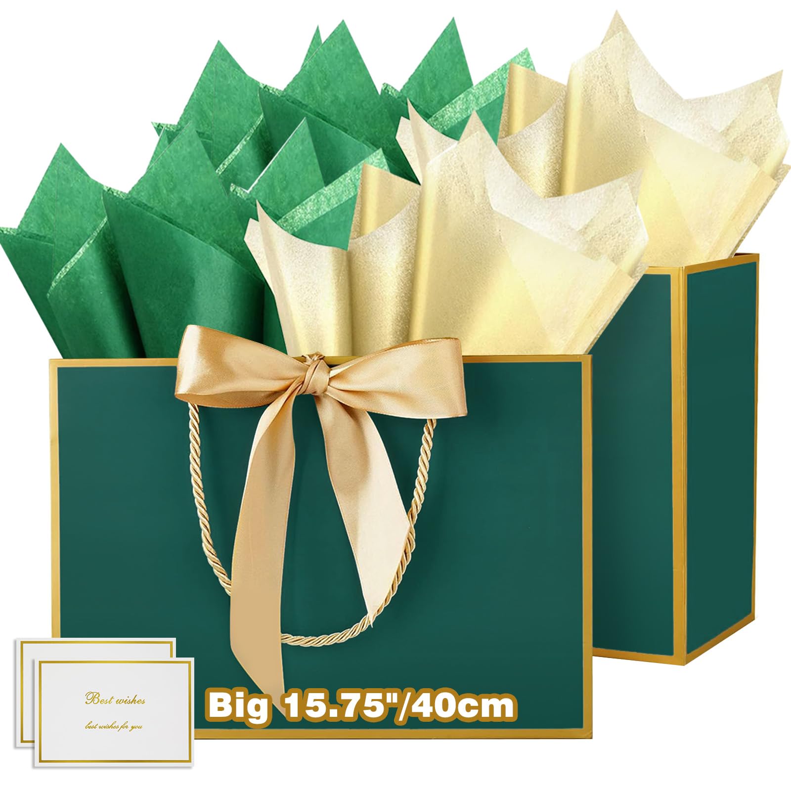 HONTIUS 2PCS 15.75'' Extra Large Gift Bag, Recyclable Presents Big Paper Gift Bags with Handles Ribbons Cards, 40*30*12.5cm Wedding Birthday Party Present Bridesmaid Gift Gifts Bag Reinforced Base E