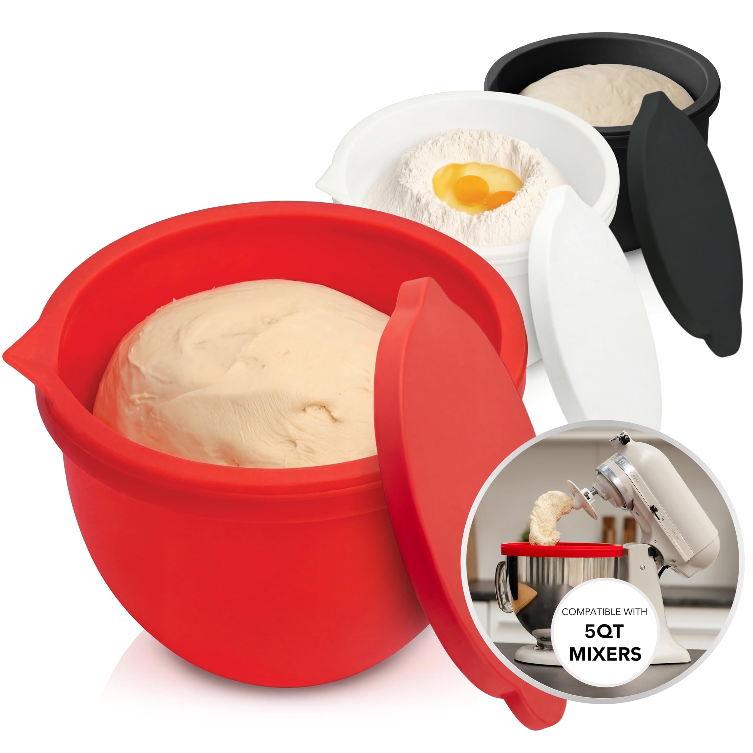 MixAid™ Silicone Bowl Liners for KitchenAid Tilt-Head 5 Qt Stand Mixers – 3 Silicone Liners Lids – Replacement Mixer Accessories – Dishwasher Safe – Mixing Bowl Inserts – Not for Bowl-Lift Models