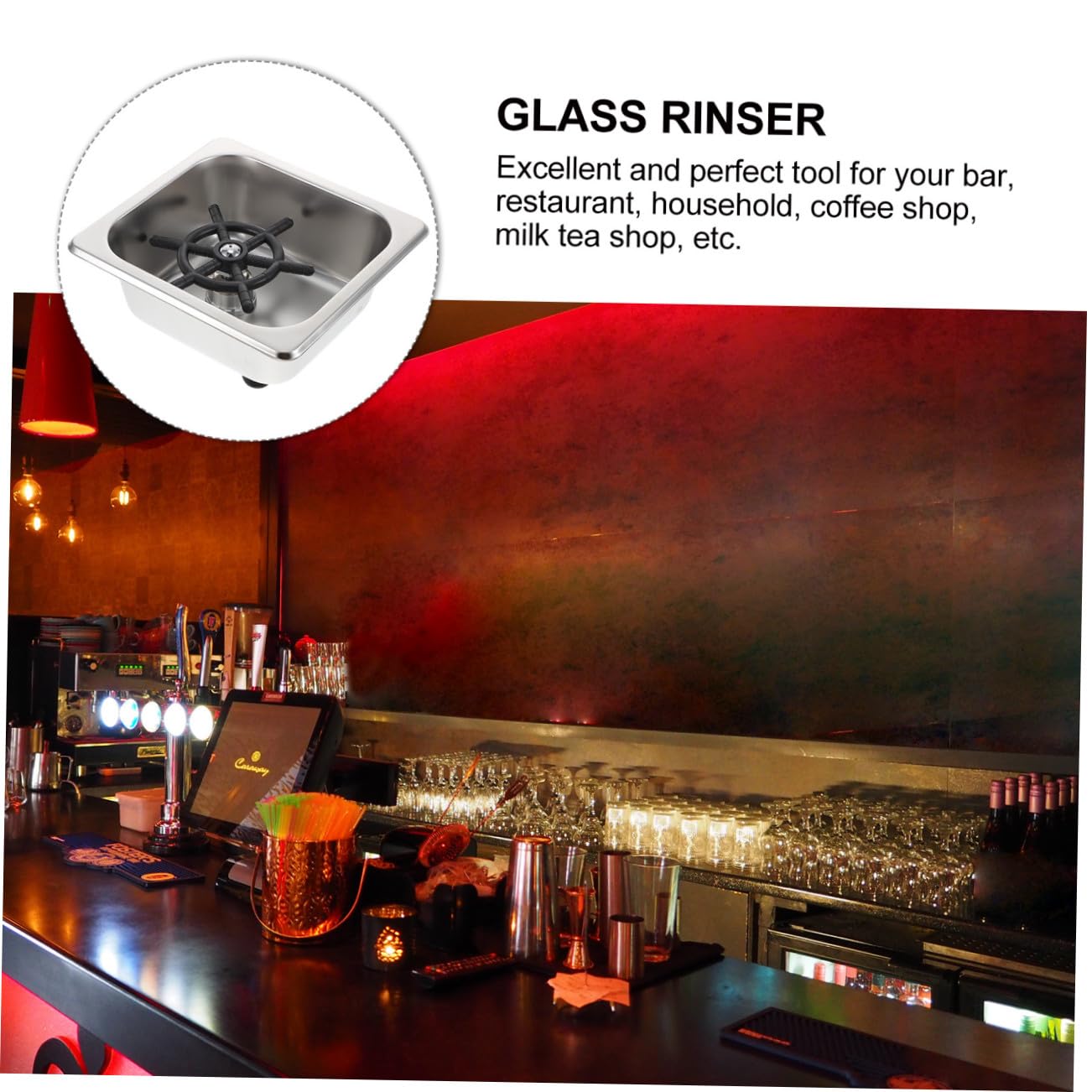 Lavabicchieri in Acciaio Inox per Bar Connessione 1/4 Pollice | Risciacquo ad Alta Pressione, Finitura Argento, per Calici e Tazze, Tubo Incluso