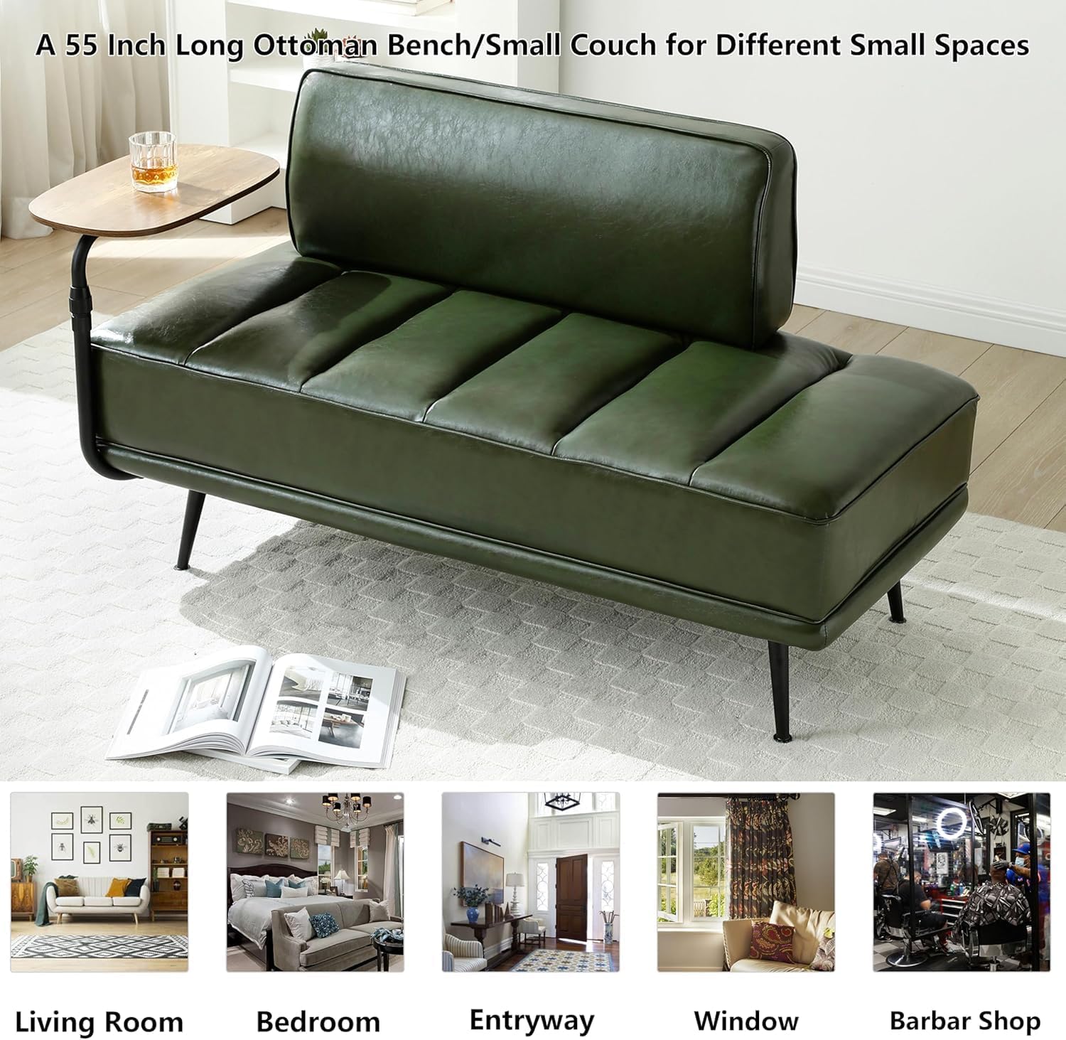 55" Inch Width Modern End of Bed Bench, Leather Upholstered Futon Sofa Couch with Back & 360° Swivel Side Table for Small Spaces Living Room, Entryway Ottoman Bench for RV Office (Green)